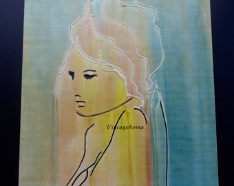 Acrylic on vintage cardboard. Pop Art. Contemporary art. High flow acrylics. Signed Manuel. Portrait of a woman. 70s. Seventies art.