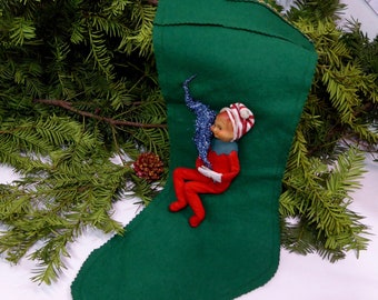 Vintage elf Christmas stocking. Christmas elf. Hugger. 1960. Christmas Holidays. Kitsch tree ornament. Decor retro christmas collection