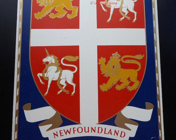Vintage Coat of Arms province Canada. Vintage new Newfoundland and Labrador poster. Unicorn. Shield. Lion. St. George's Cross