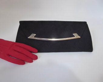 Cortini black felt clutch bag. Art deco style evening bag. Trapeze shaped handbag. Fifties handbag. Vintage handbag.