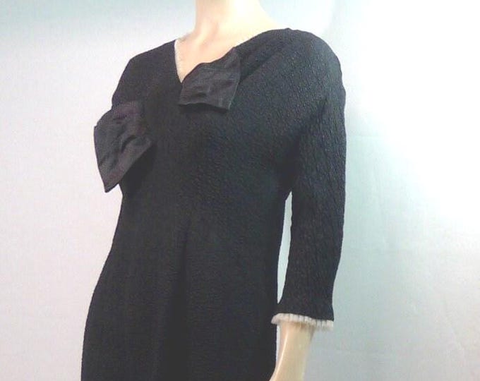 Vintage black waffle fabric dress. 1930s.