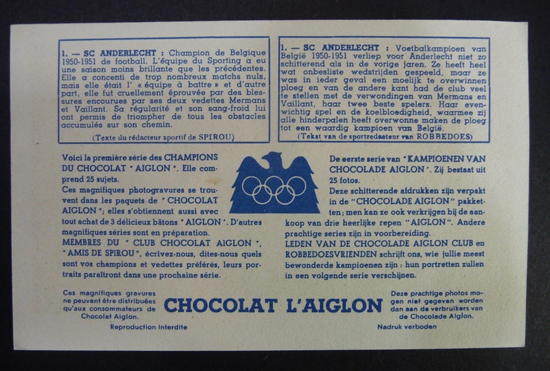 SC Anderlecht. Belgian Champions 1950-51. Division of Honour. Aiglon Chocolate Club. 1950s Football. Football Photogravure. Soccer image 5