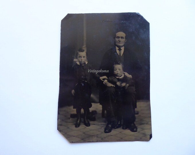 Large Victorian father and son tintype. 1870. 19th century metal photo.