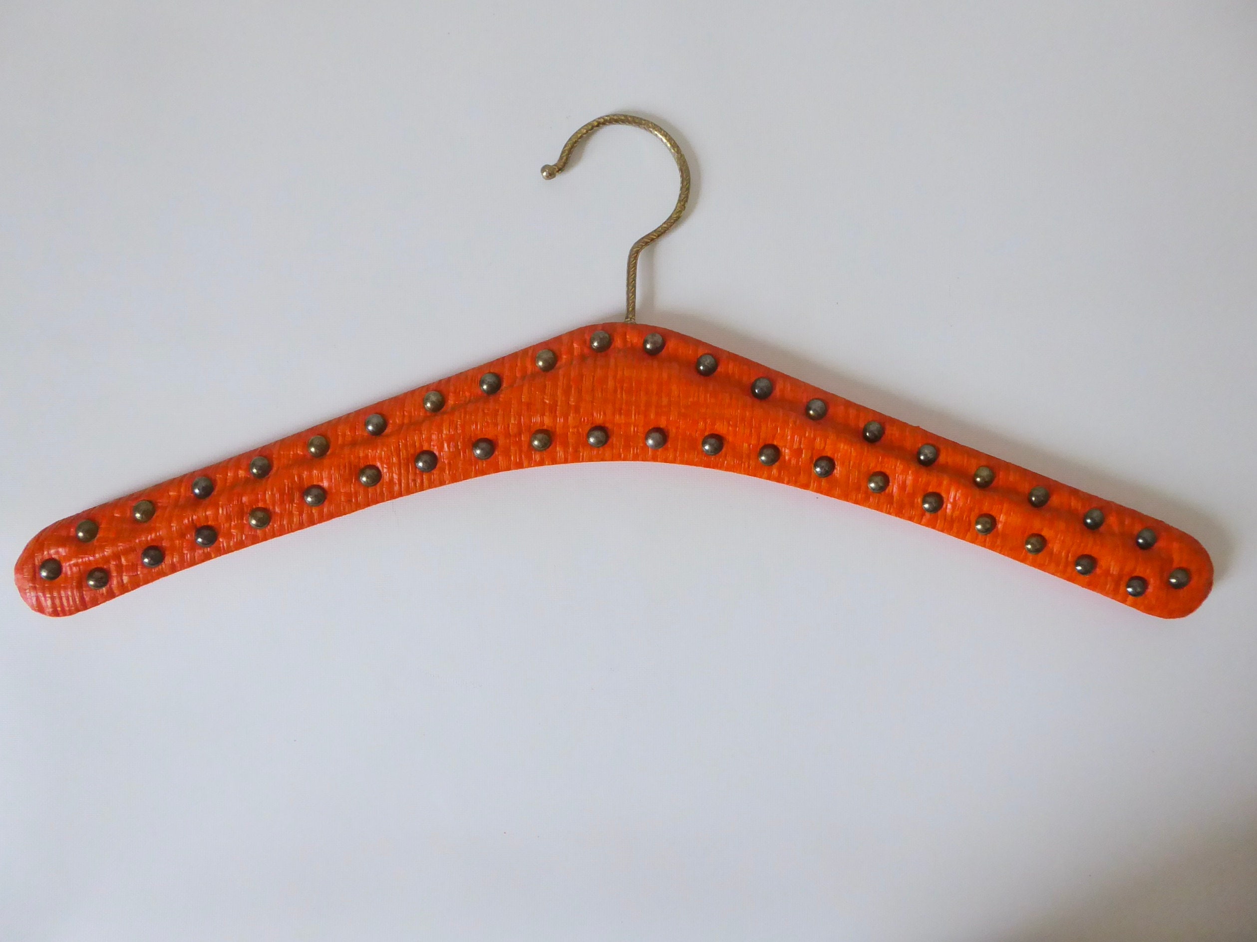 2 vintage studded leatherette hanger. 1 Mac intosh pattern vinyl hanger.  1960. Sixties wardrobe. Mid Century hanger.