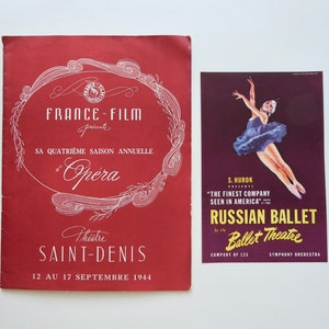 May include: A red and white poster advertising the fourth annual season of Opera at the Theatre Saint-Denis, taking place from 12th to 17th September 1944. The poster features a decorative border with a stylised image of a musical note.