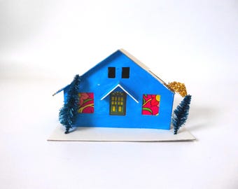 Large vintage blue Putz house. Japan. Christmas village. 1960s. Winter decor. Vintage Christmas. Christmas tree decoration.