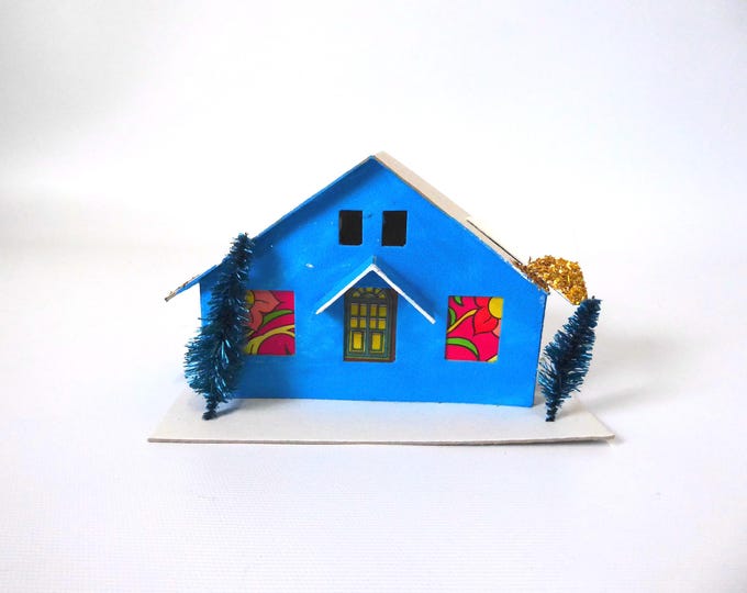 Large vintage blue Putz house. Japan. Christmas village. 1960s. Winter decor. Vintage Christmas. Christmas tree decoration.