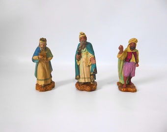 Lot of 3 vintage plaster Three Kings. Hand-painted. 1950. Nativity scene figurine.