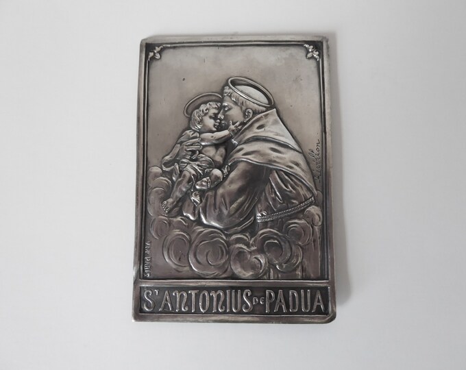 Saint Anthony of Padua commemorative religious plaque. Révillon engraving. Silver plated. 1910-1920.