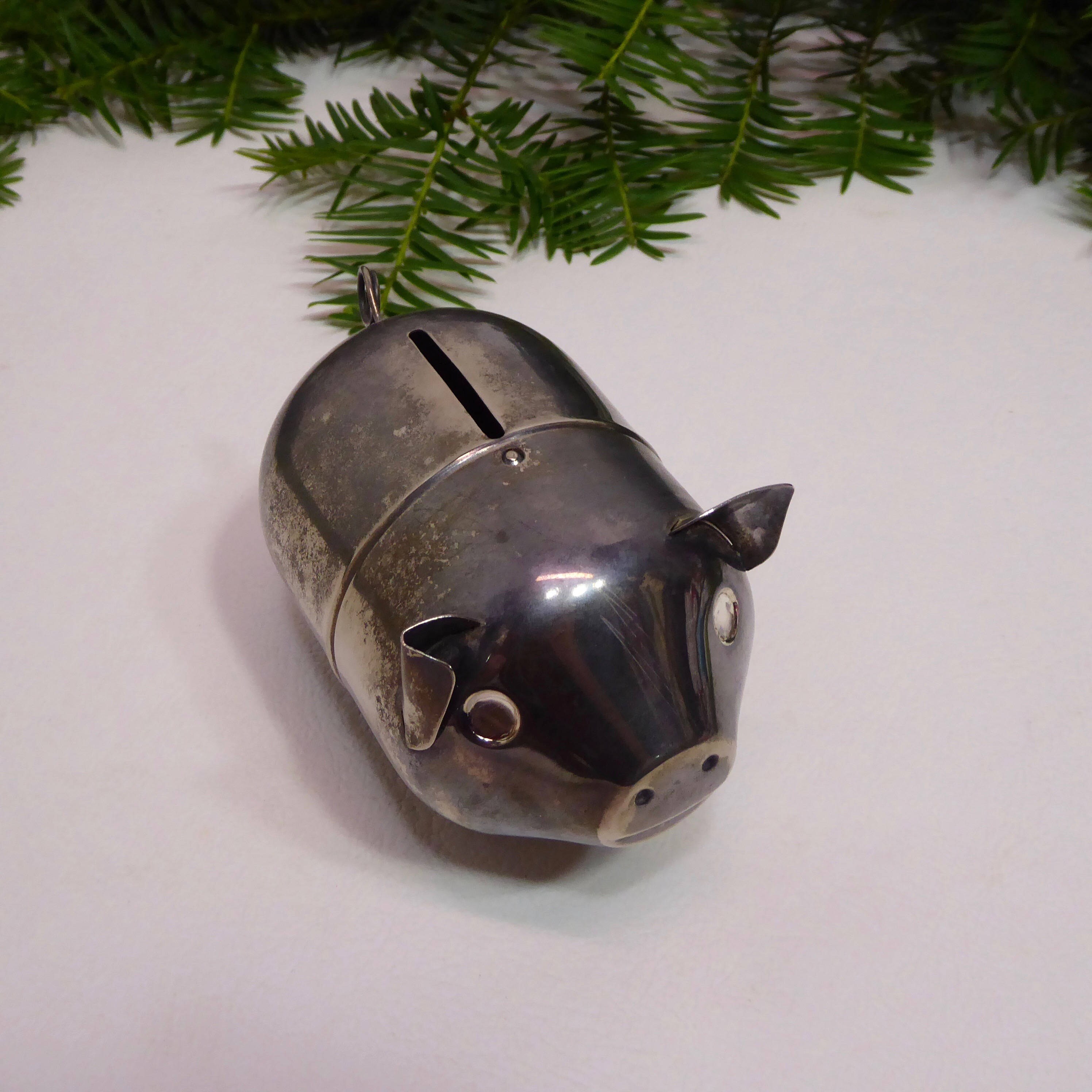 Metal pig bank. Vintage. Made in Hong Kong. Flat silver. 1970