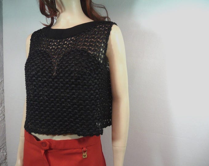 Black sleeveless bodice. Crochet and ribbon top. Vintage translucent mesh top. 1950s.