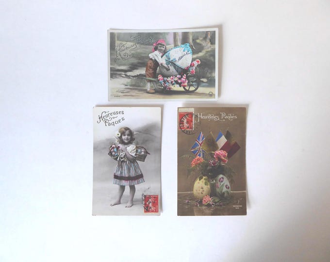Lot of Happy Easter postcards. 1910. French Republic 10c stamp. Sazerac photo.