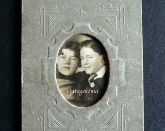 Original black and white paper photo miniature. Two children. Two friends. 1910. Boy friendship. Child's hairstyle 1910. Original cardboard frame.
