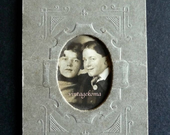 Miniature original black and white paper photo. Two kids. Two friends.1910. Friendship boy. Child hairstyle 1910. Original cardboard frame.