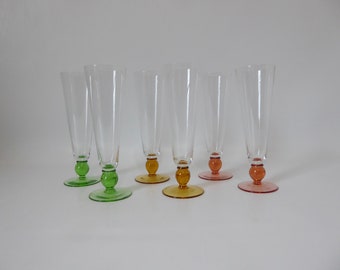 Champagne flutes colored base pink, amber, green. Vintage cocktail glass. Year 1970. Singapore sling. Mid century colored glass.