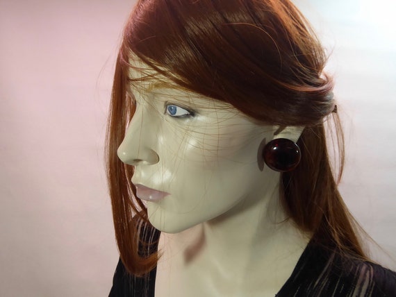 Round earrings bulging amber plastic. Translucent… - image 2