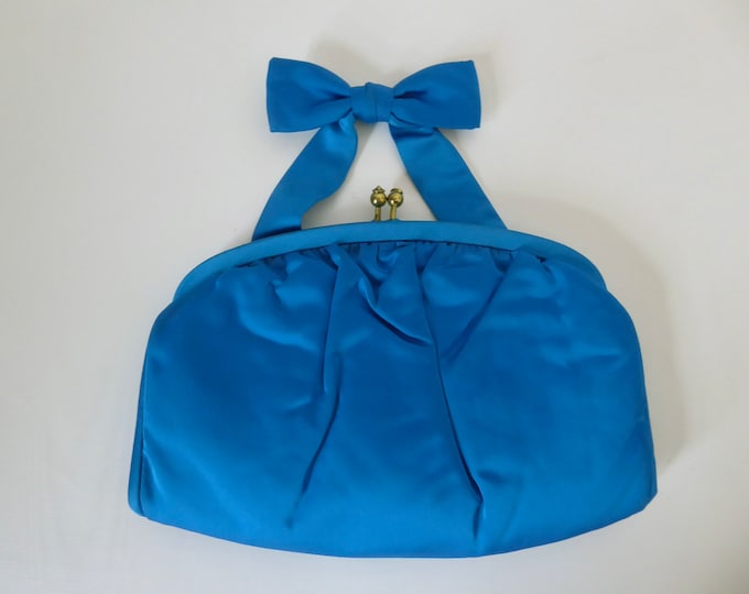 Turquoise blue satin clutch handbag. 1950s evening bag. Vintage USA handbag.