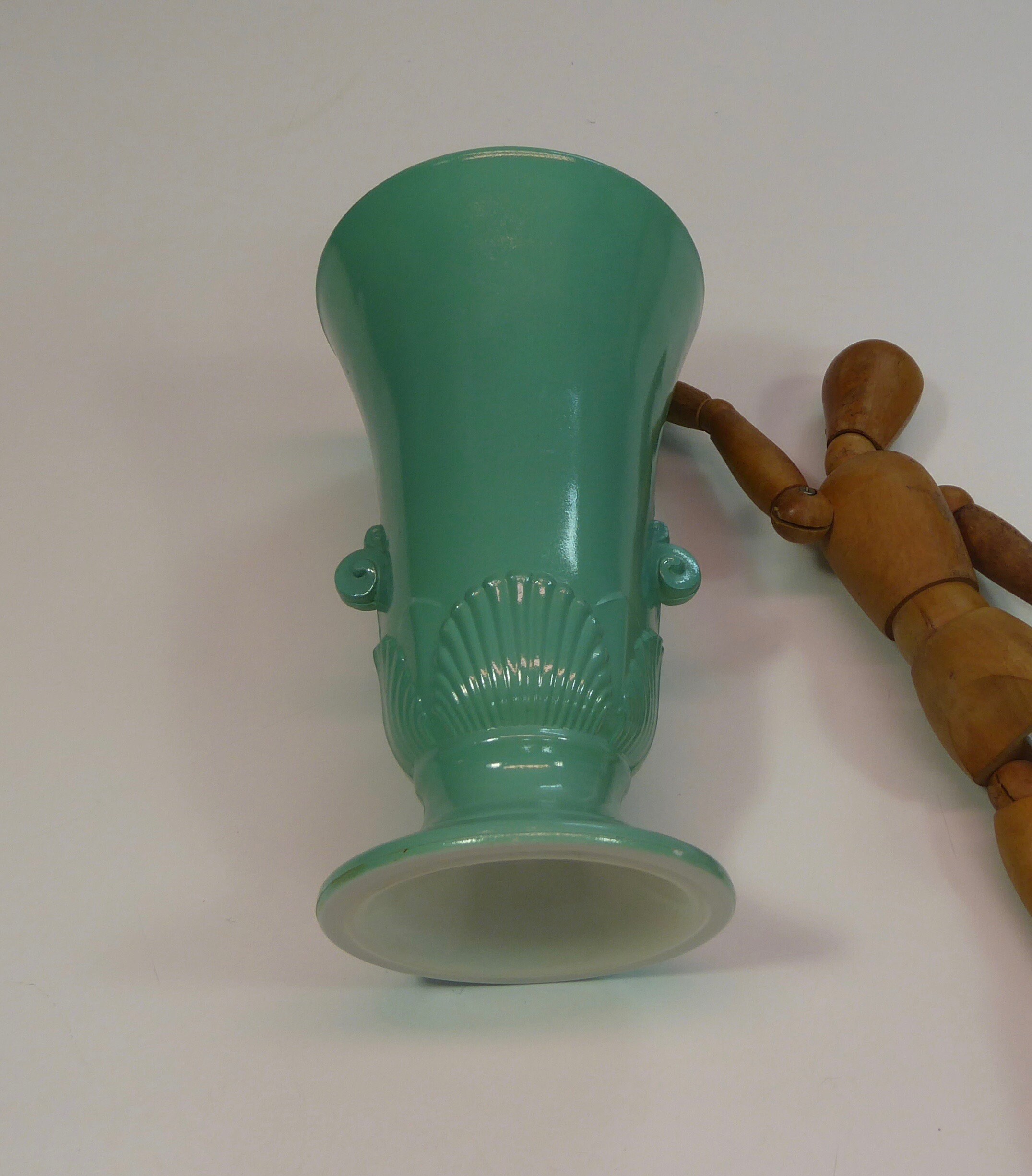 Mint green art deco vase. Pressed glass. Depression glass. Late 1930