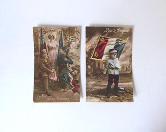 Two patriotic postcards. 1916. French Republic 10c stamp. For the flag. The Fairy of Victory.