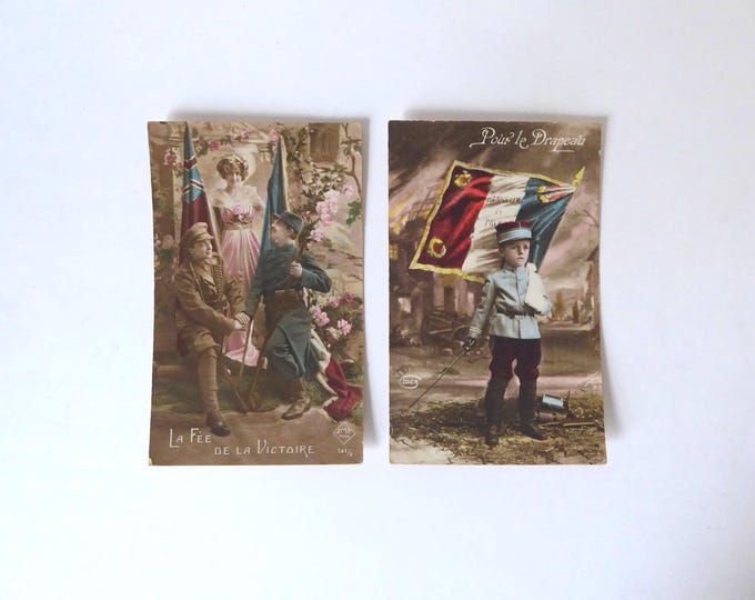 Two patriotic postcards. 1916. French Republic 10c stamp. For the flag. The Fairy of Victory.