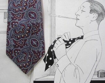 Vintage Michel Robichaud tie. Quebec designer stylist. 100% silk. Paisley. Burgundy blue cashmere. 1970. Neo-dandy style.