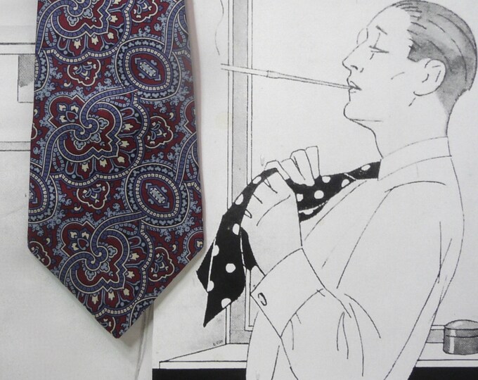 Vintage Michel Robichaud tie. Quebec designer stylist. 100% silk. Paisley. Burgundy blue cashmere. 1970. Neo-dandy style.