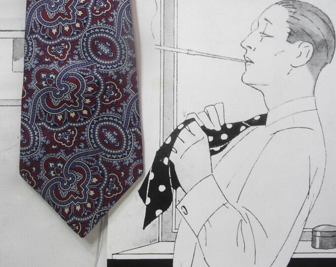 Vintage tie Michel Robichaud. Designer stylist Quebecois. 100% silk. Paisley. Burgundy blue Kashmir .1970.Neo-dandy style.