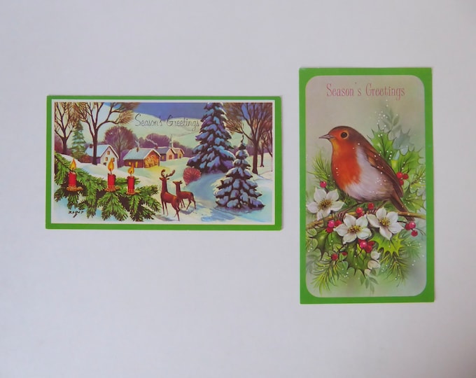 Lot 2 cartes Season's Greetings vintage. Printed in England. 1980. Carte de voeux vintage. Carte rouge-gorge bouquet de gui.
