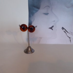 Round earrings bulging amber plastic. Translucent brown vintage clip. Year 50 Fashionista. image 9