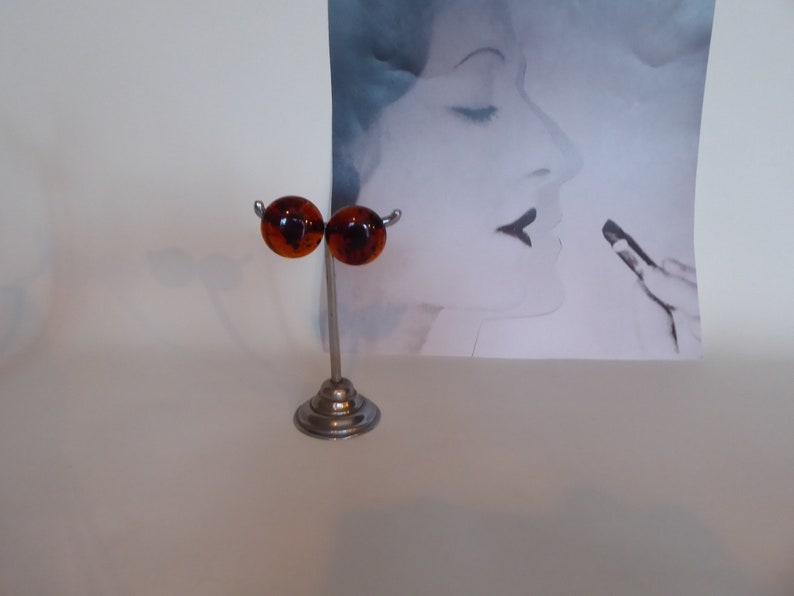 Round earrings bulging amber plastic. Translucent brown vintage clip. Year 50 Fashionista. image 9