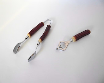 Glo-Hill bottle opener and ice tongs. Faux stag horn handle. Made in Canada. 1960. Mid-century barware.