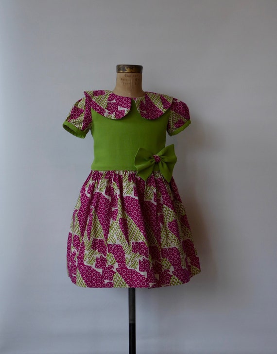 Girl dress green and pink fushia African print fab