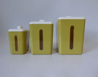 Vintage lime green kitchen container set. Nu-Dell Plastics. Chicago. Molded plastic. 1970s. Vintage kitchen container.