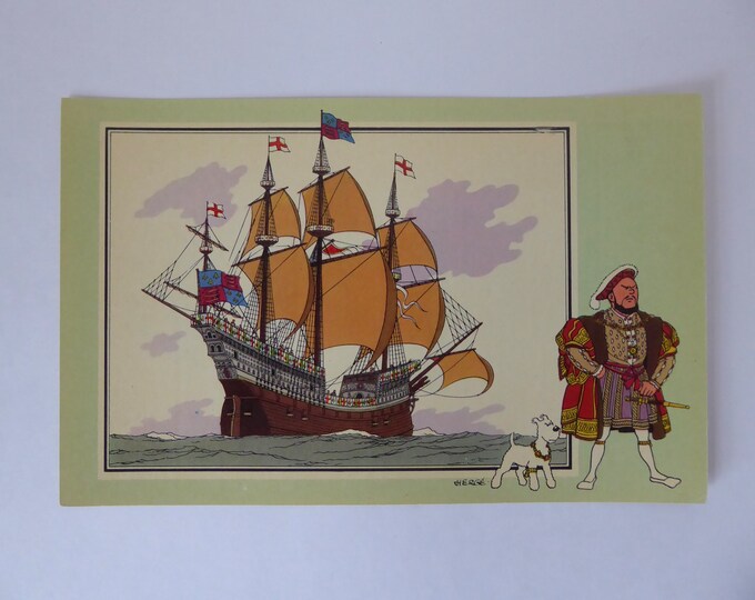 Tintin. Chromo Tintin. See and Know. Hergé. 1954. Navy. Series 2. N.27. The “Great Harry”. England. 1514. Ancient sailing boat.