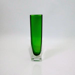 Può includere: Un vaso alto e rettangolare in vetro trasparente con un interno verde. Il vaso ha una base quadrata.