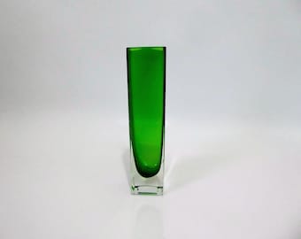 Rectangular, translucent forest green blown glass vase. Scandinavian design vase. 1960s.