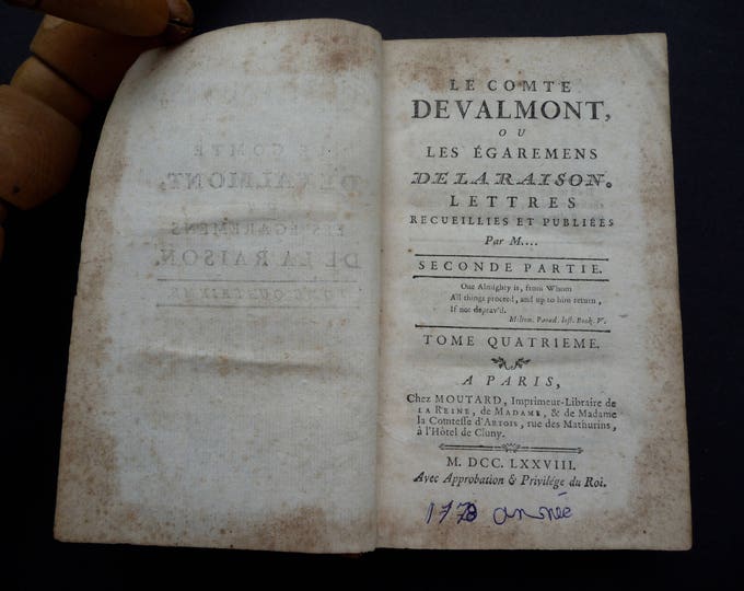 The Count of Valmont or the Misadventures of Reason. Vol. 4. 1778. Paris. At Moutard, printer-bookseller to the Queen. Rare Book. Royal Censorship