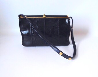 Navy blue snakeskin shoulder bag, handbag. Browns. 1950s/1960s.