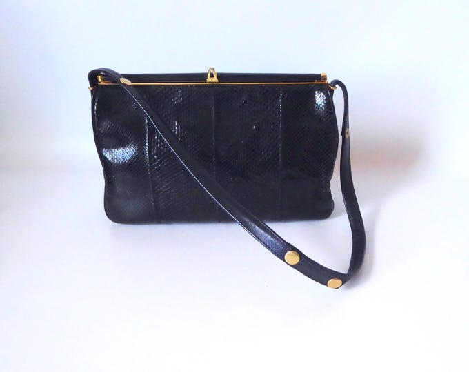 Navy blue snakeskin shoulder bag, handbag. Browns. 1950s/1960s.