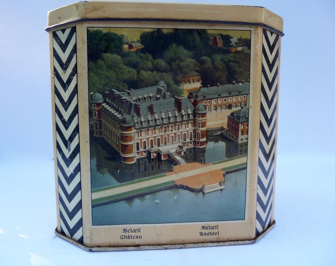 Vintage metal tin for F. Rombouts coffee. J. Schuybroek. Hoboken. Antwerp. Belfry. Castle. Coat of arms. Advertising.