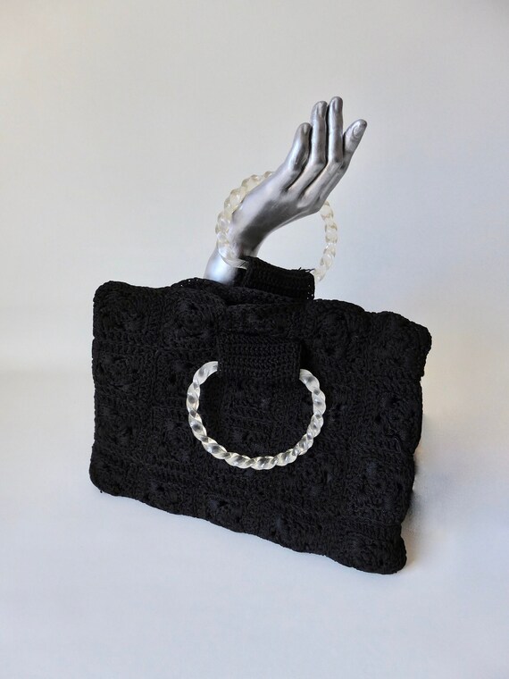 Vintage handbag crocheted black acrylic handle, lu