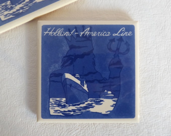 Holland America line. 2 Delft blue ceramic tiles. Year 80. Liner. Neptune. Souvenir cruise ship owner. Coaster.