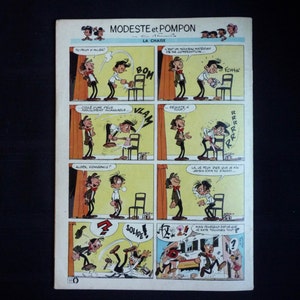 May include: A comic book page featuring a cartoon character named Modeste and Pompon. The comic strip is titled "Modeste et Pompon: La Chaise" and shows the two characters testing the strength of a chair. The text in the comic strip includes "Tu peux y aller!" (You can go!), "C'est un nouveau mat&eacute;riau de ma composition..." (It's a new material of my composition...), "Alors, convaincu?" (So, convinced?), "La, je peux dire que je n'ai jamais rien vu de plus solide!" (There, I can say that I've never seen anything more solid!), and "Mais pourquoi est-ce que je rate toujours tout?" (But why do I always miss everything?).