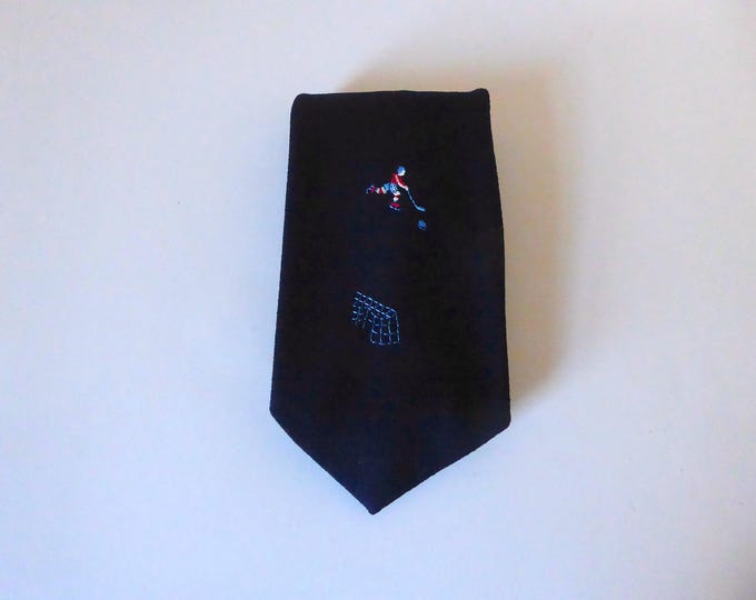 Dark royal blue hockey player wide tie. Lafayette cravats. 1980. Polyester knit