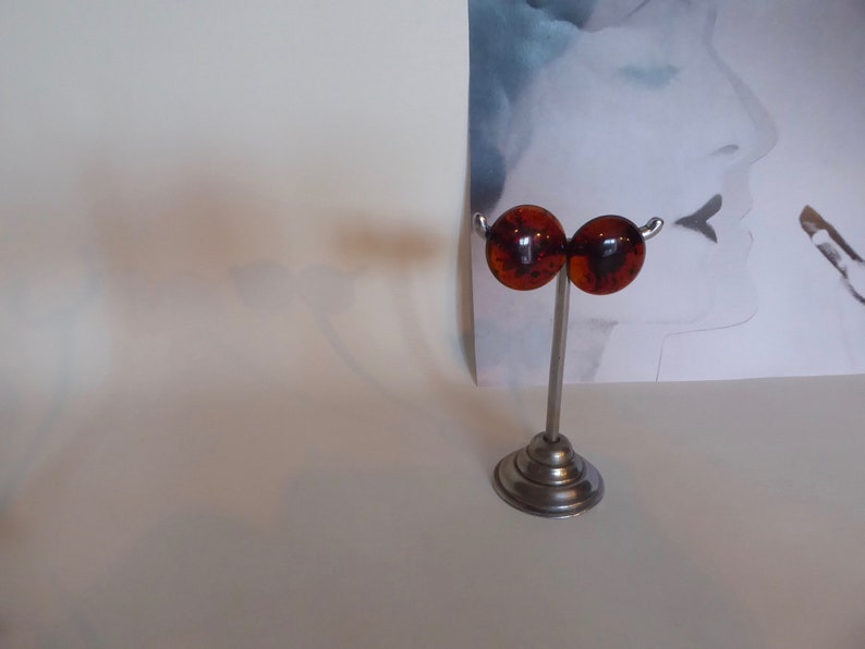 Round earrings bulging amber plastic. Translucent brown vintage clip. Year 50 Fashionista. image 10