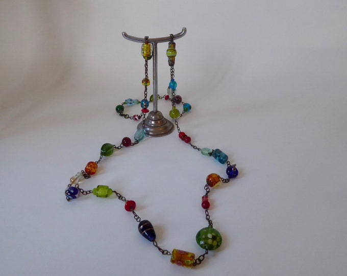 Long necklace sautoir necklace multicolor Venetian glass on chain. Year 80. Spring clasp. Bohemian glass necklace. Boho jewelry.