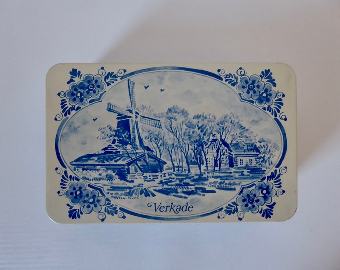 Rectangular blue Verkade metal box. Holland. 1970. Vintage biscuit box. Windmill scene box.