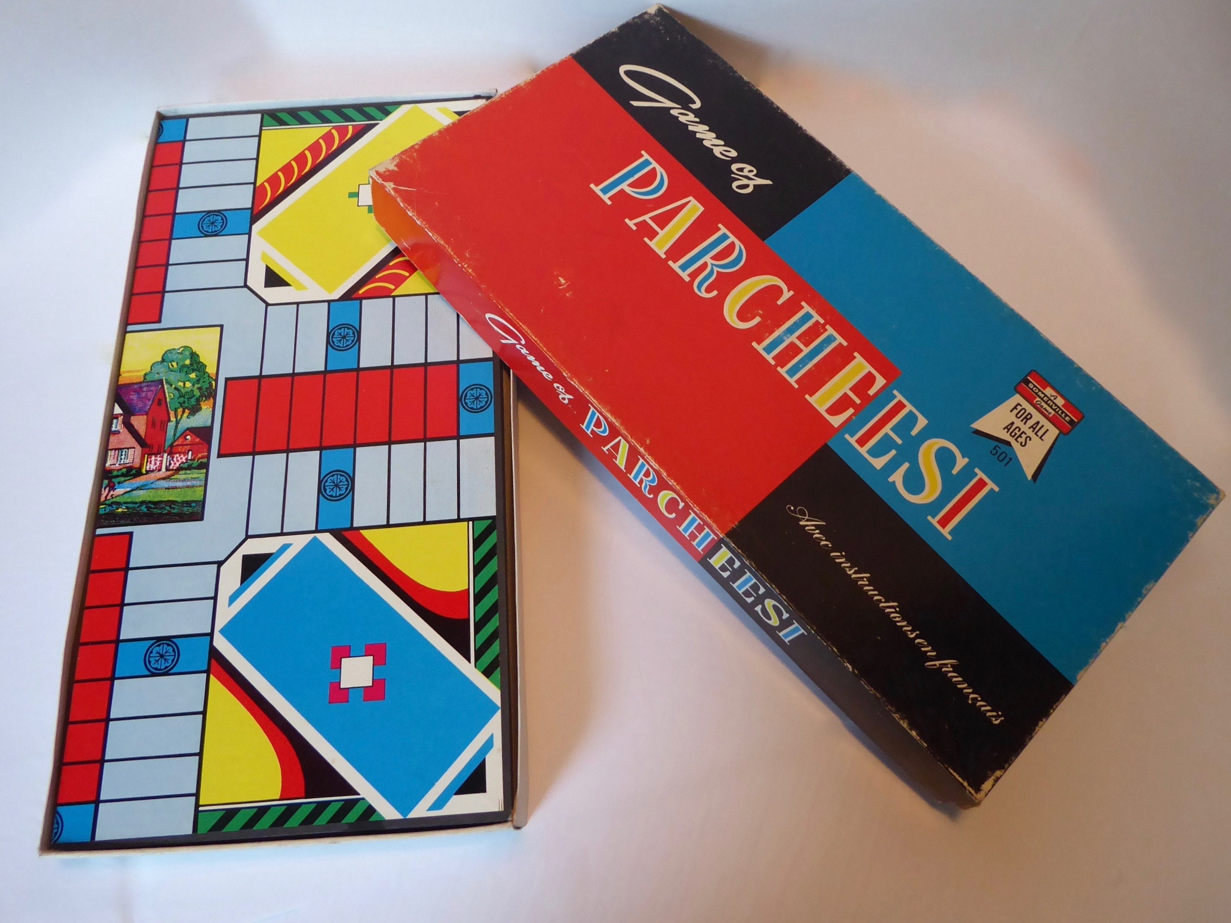 Vintage Parcheesi game. Somerville game. Canada. 1960 wooden dice. Vintage company games