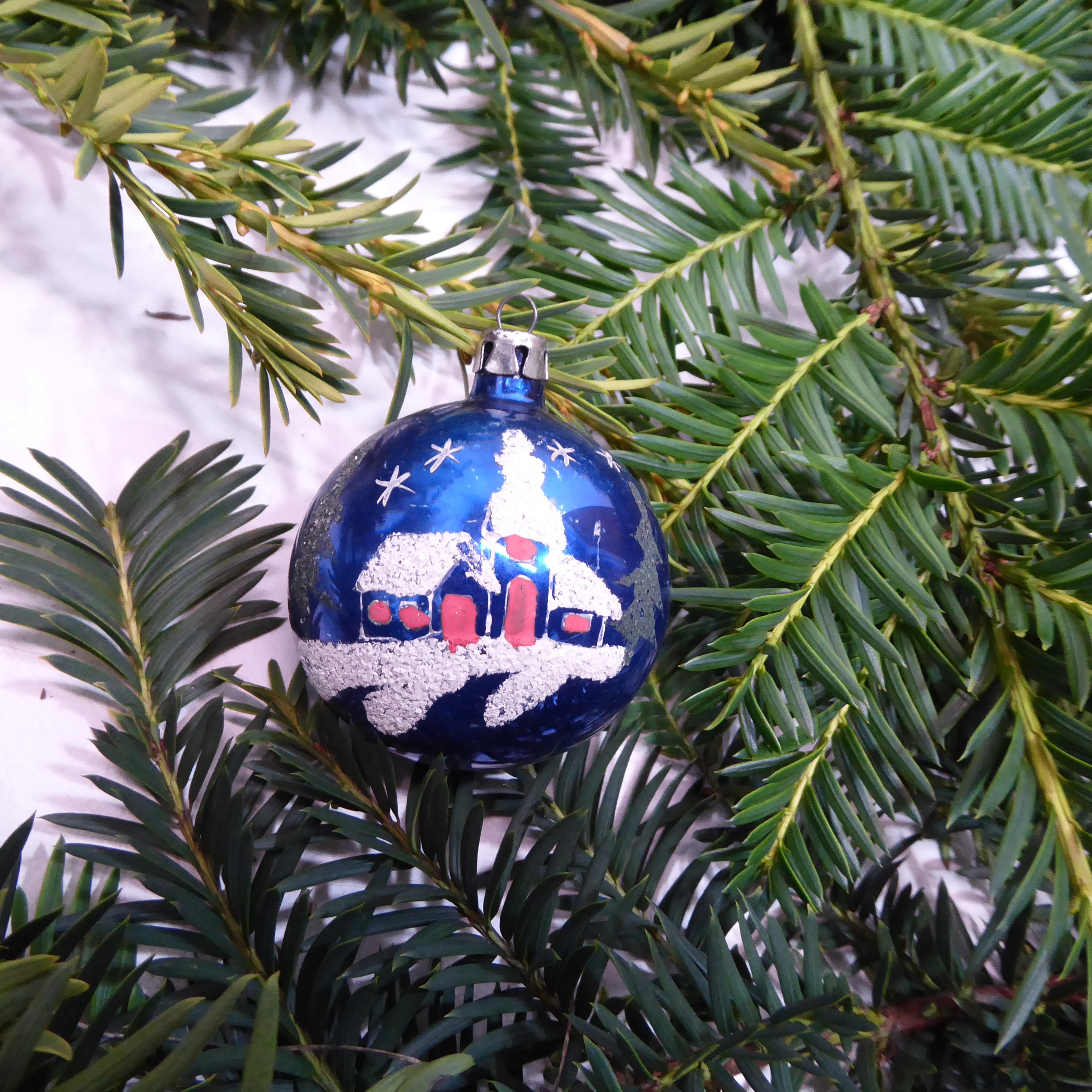 Lot De 2 Boules De Noël Anciennes – Verre Soufflé Bleu – Déco Vintage