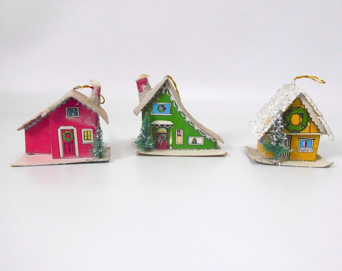 3 Vintage Putz Houses. Taiwan. Christmas Village. 1960. Winter Decor. Vintage Christmas. Christmas Tree Decoration.
